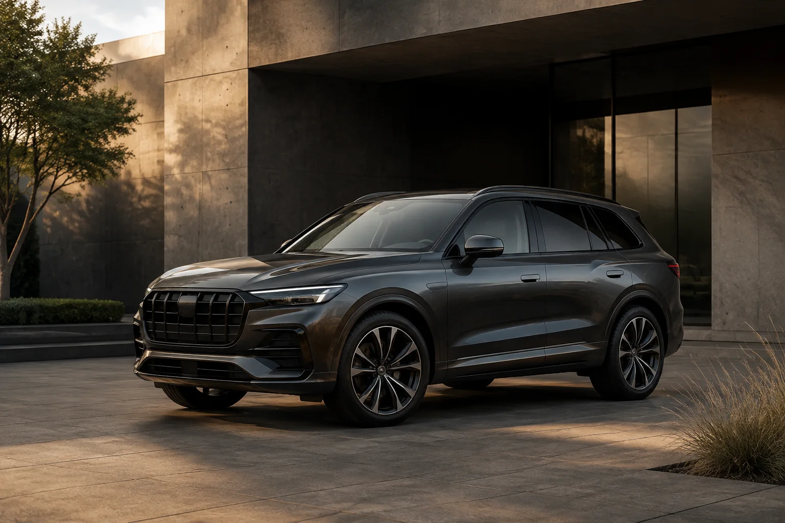 Illustrative graphite luxury SUV outside a contemporary building
